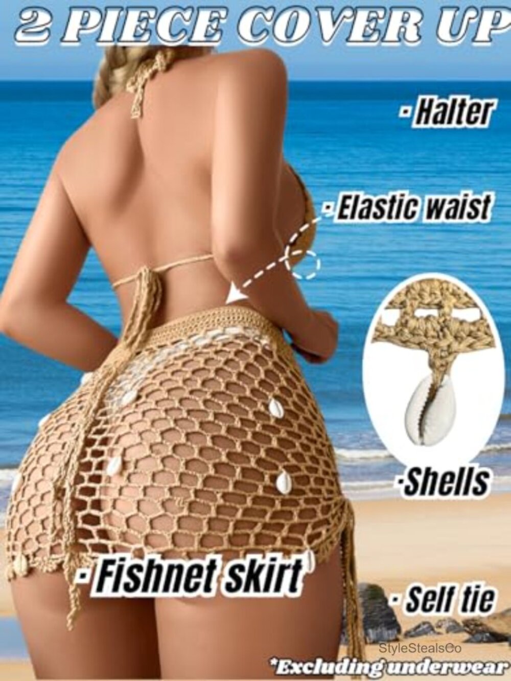 Two Piece Skirt Set Crochet Shell Boho Swimsuit Cover Up - Picture 2 of 6